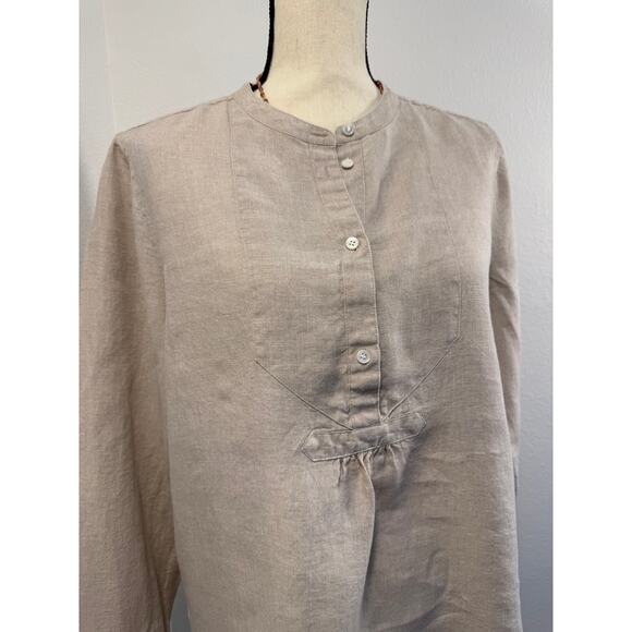 Baird McNutt for J crew Irish Linen Top Tan Beige Popover Long Sleeve Blouse 12 - Picture 1 of 12
